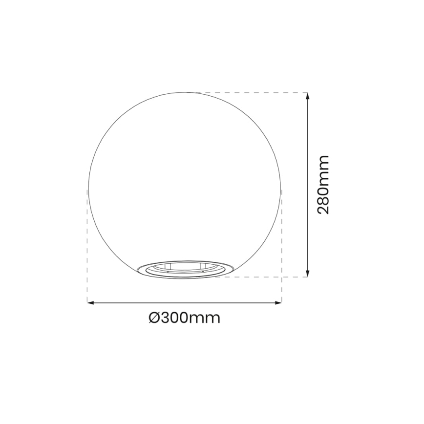 Guľová lampa s priemerom 300 mm a výškou 280 mm je znázornená v čiernobielej schéme s rozmermi.