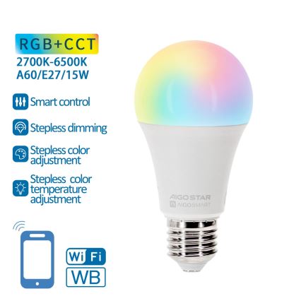 LED RGBW Stmievateľná žiarovka A60 E27/15W/230V 2700-6500K Wi-Fi - Aigostar