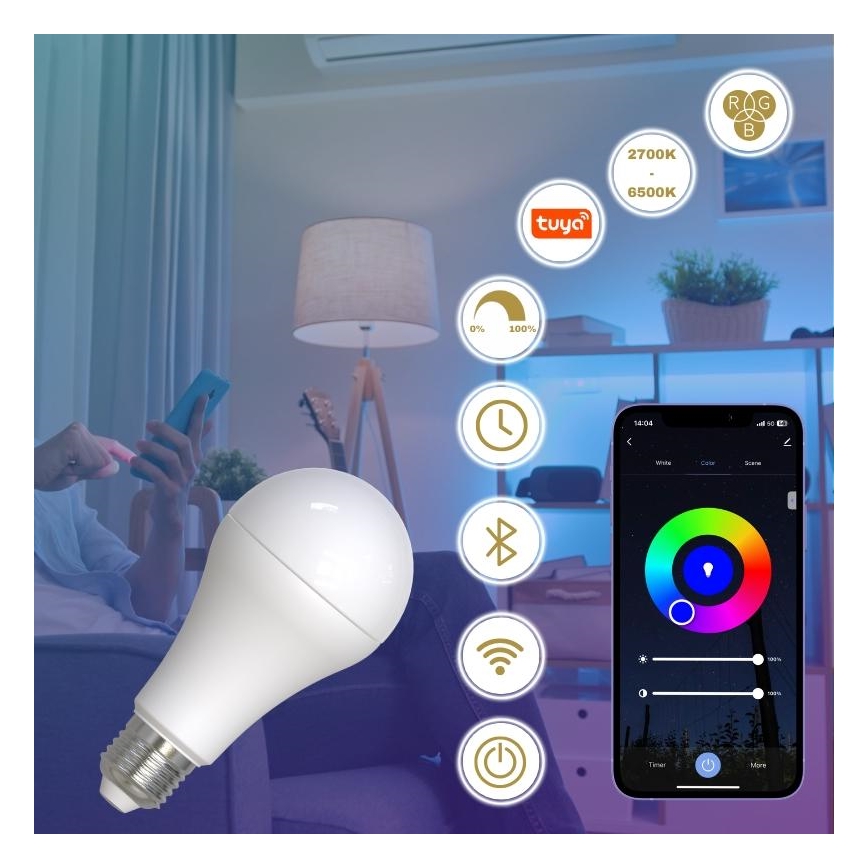 LED RGBW Stmievateľná žiarovka A60 E27/15W/230V 2700-6500K Wi-Fi Tuya