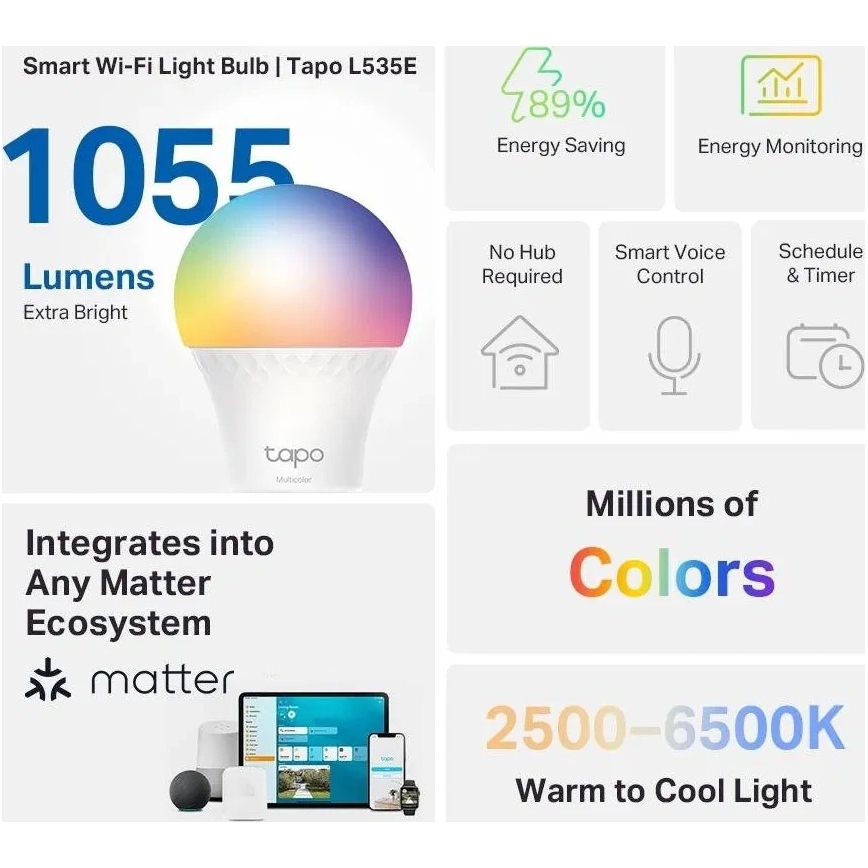 LED RGBW Stmievateľná žiarovka MATTER A60 E27/8,6W/230V 2500-6500K Wi-Fi - TP-Link