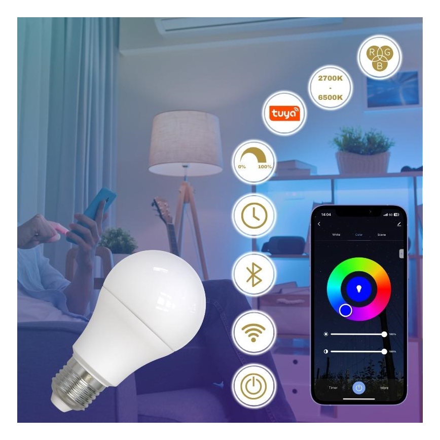 LED RGBW Stmievateľná žiarovka A60 E27/9W/230V 2700-6500K Wi-Fi Tuya