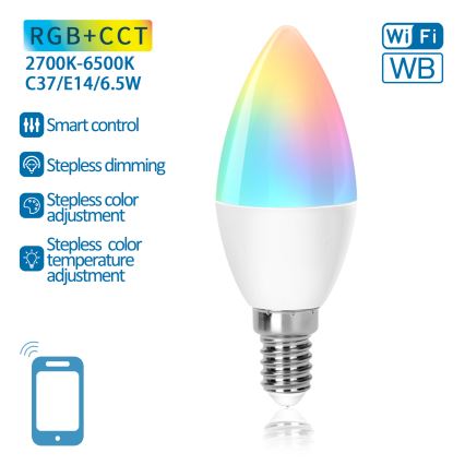 LED RGBW Stmievateľná žiarovka C37 E14/6,5W/230V 2700-6500K Wi-Fi - Aigostar