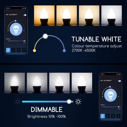 LED RGBW Stmievateľná žiarovka C37 E27/5W/230V 3000-6500K Wi-Fi - Aigostar