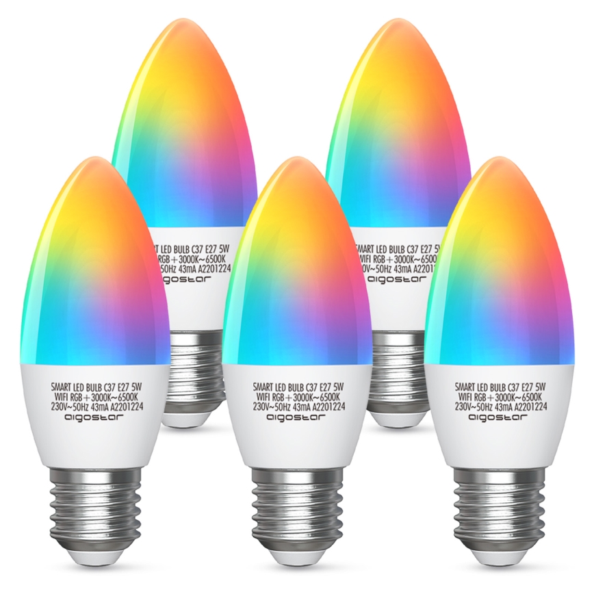 LED RGBW Stmievateľná žiarovka C37 E27/5W/230V 3000-6500K Wi-Fi - Aigostar