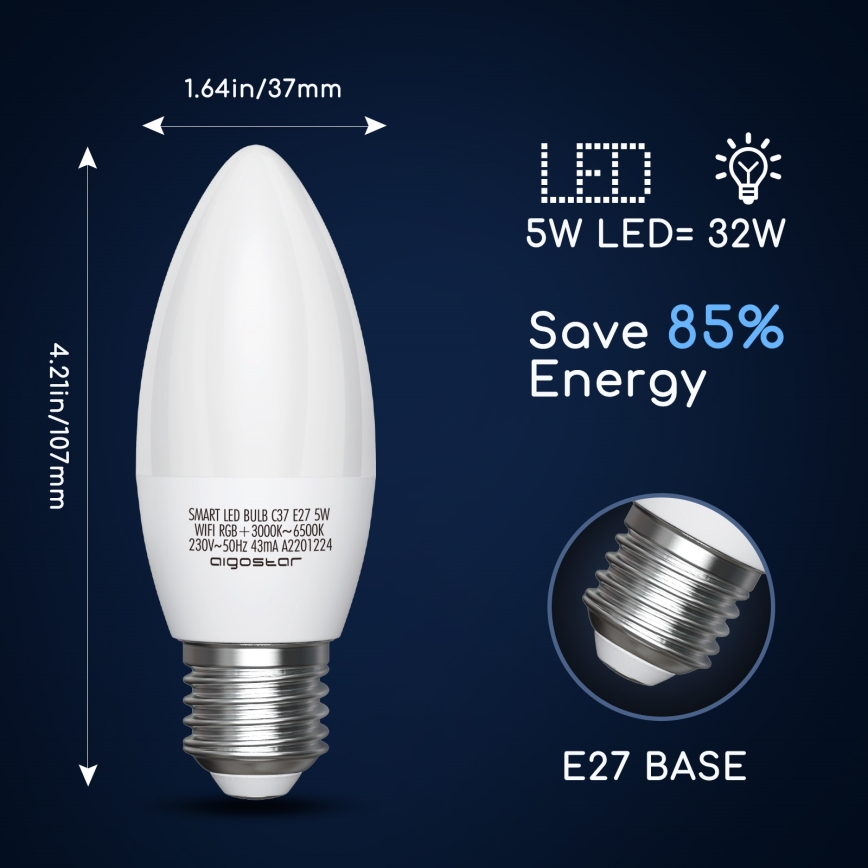 LED RGBW Stmievateľná žiarovka C37 E27/5W/230V 3000-6500K Wi-Fi - Aigostar