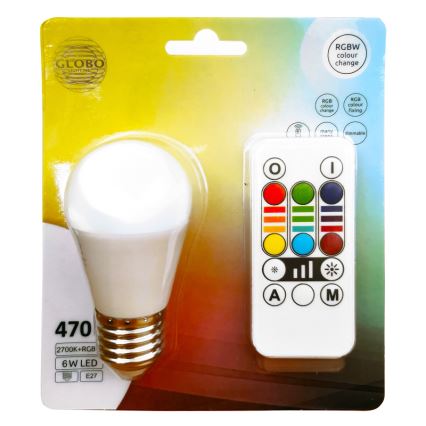 LED RGBW Stmievateľná žiarovka E27/6W/230V 3000K + diaľkové ovládanie - Globo