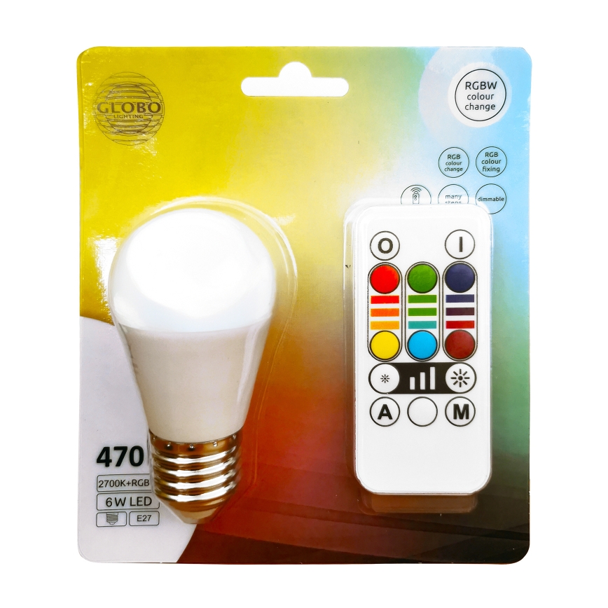 LED RGBW Stmievateľná žiarovka E27/6W/230V 3000K + diaľkové ovládanie - Globo