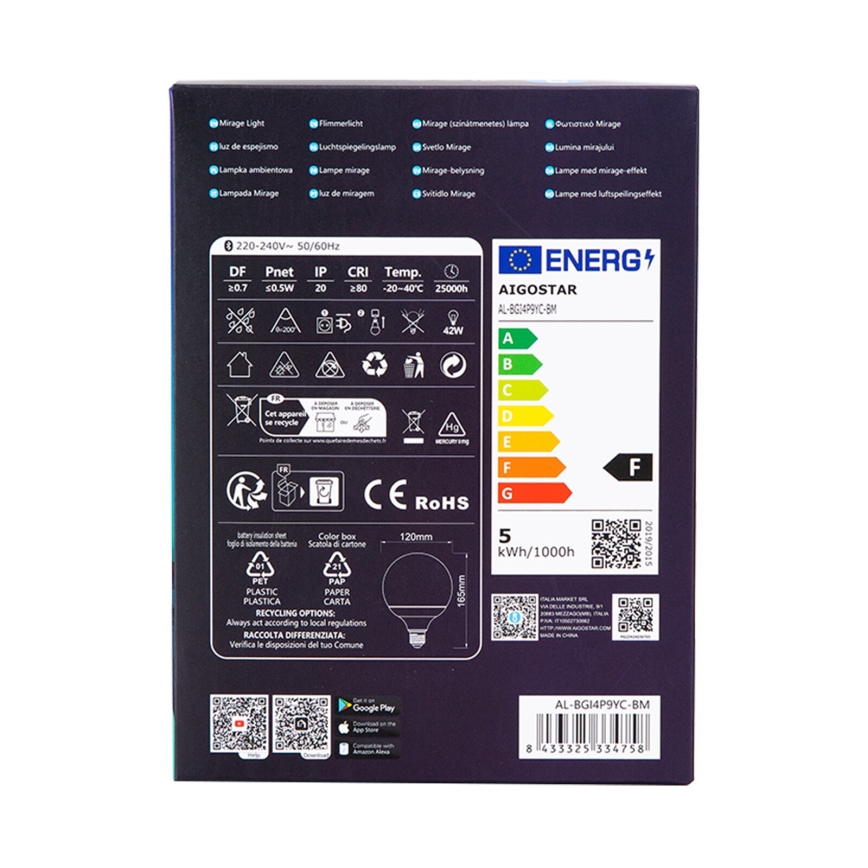 LED RGBW Stmievateľná žiarovka MESH G120 E27/4,9W/230V 2700-6500K + diaľkové ovládanie - Aigostar