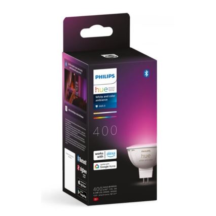 Balenie LED žiarovky Philips Hue GU5.3 s farebnou ambientnou funkciou. Žiarovka je kompatibilná s Alexa, Google Home a Zigbee. Balenie uvádza 400 lúmenov, 6,3W, 2000-6500K.