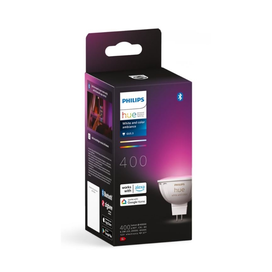 Balenie LED žiarovky Philips Hue GU5.3 s farebnou ambientnou funkciou. Žiarovka je kompatibilná s Alexa, Google Home a Zigbee. Balenie uvádza 400 lúmenov, 6,3W, 2000-6500K.