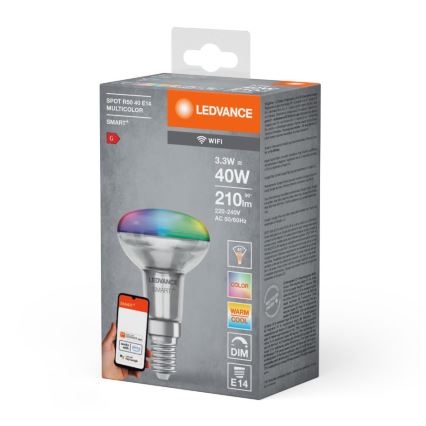 LED žiarovka s farebným svetlom je zobrazená na obale. Žiarovka je inteligentná, WiFi, s päticou E14, príkonom 3,3W (ekvivalent 40W), svetelným tokom 210 lm a prevádzkovým napätím 220-240V. Balenie uvádza možnosť nastavenia teploty farieb a stmievania.