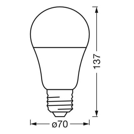 LED žiarovka s rozmermi 70 mm v priemere a 137 mm na výšku je znázornená v čiernobielej schéme. Žiarovka má skrutkový závit.