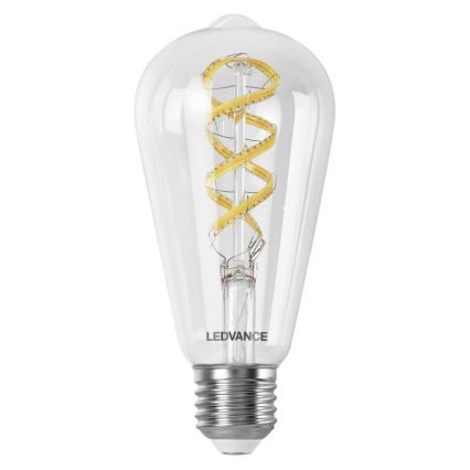 LED žiarovka s tvarom hrušky má vnútri špirálovito usporiadané LED diódy. Je umiestnená na bielom pozadí. Na sklenenom tele je nápis LEDVANCE.