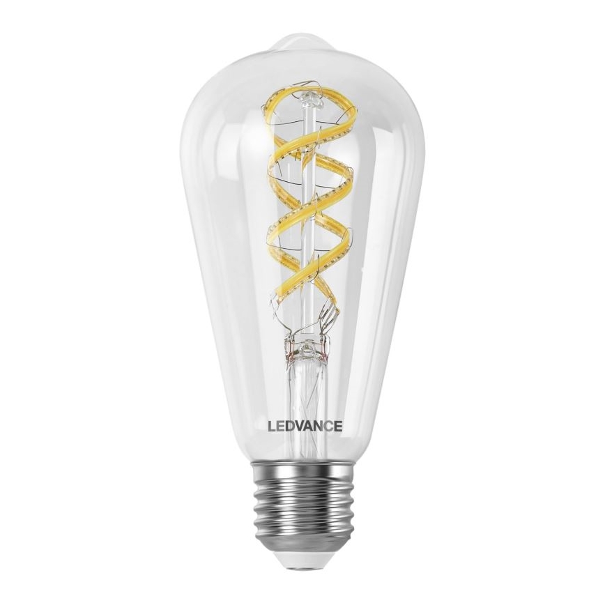 LED žiarovka s tvarom hrušky má vnútri špirálovito usporiadané LED diódy. Je umiestnená na bielom pozadí. Na sklenenom tele je nápis LEDVANCE.