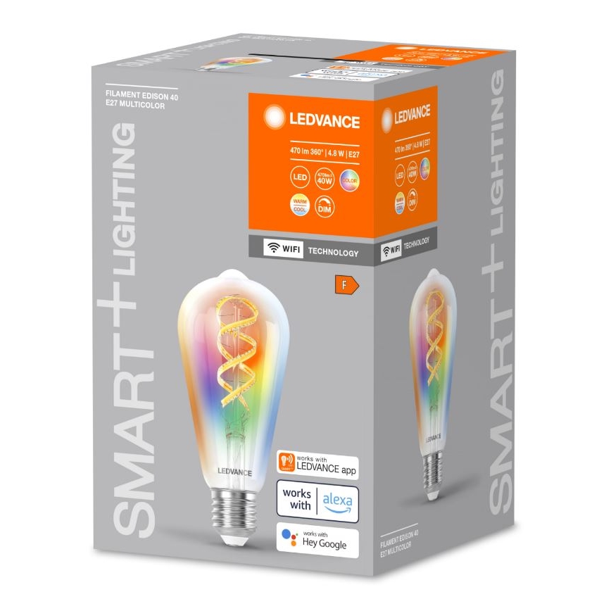 Balenie LED žiarovky zobrazuje farebnú žiarovku s vláknom v tvare špirály. Je inteligentná, kompatibilná s aplikáciou LEDVANCE, Alexou a Hey Google. Balenie udáva: Filament Edison 40, E27 Multicolor, 470 lm 360°, 4,8 W, E27.