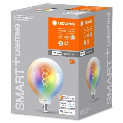 Farebná LED žiarovka s vláknovým dizajnom v balení. Žiarovka vyžaruje viacfarebné svetlo. Balenie uvádza: Filament Globe125 40 E27 Multicolor, 470 lm 360°, 4.8 W, E27, WiFi technológia, kompatibilita s aplikáciou LEDVANCE, Alexa a Hey Google.