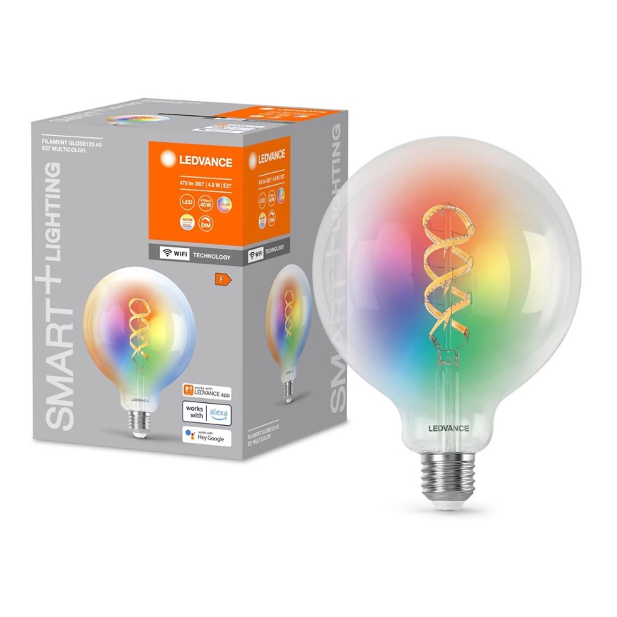 Guľatá LED žiarovka s farebnou špirálovou LED diódou svieti. Balenie uvádza: Filament Globe125 40 E27 Multicolor, LEDVANCE, 470 lm 360° 4,8 W E27, WiFi technológia, kompatibilita s aplikáciou LEDVANCE, Alexou a Google Assistant.
