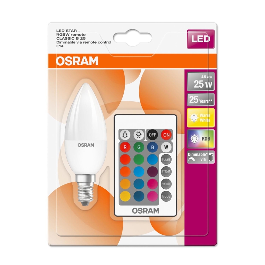 LED RGBW Stmievateľná žiarovka STAR E14/4,5W/230V 2700K + diaľkové ovládanie – Osram