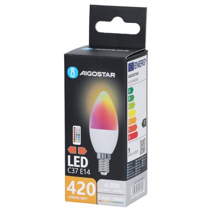 LED RGBW žiarovka C37 E14/4,8W/230V 3000K + diaľkové ovládanie - Aigostar