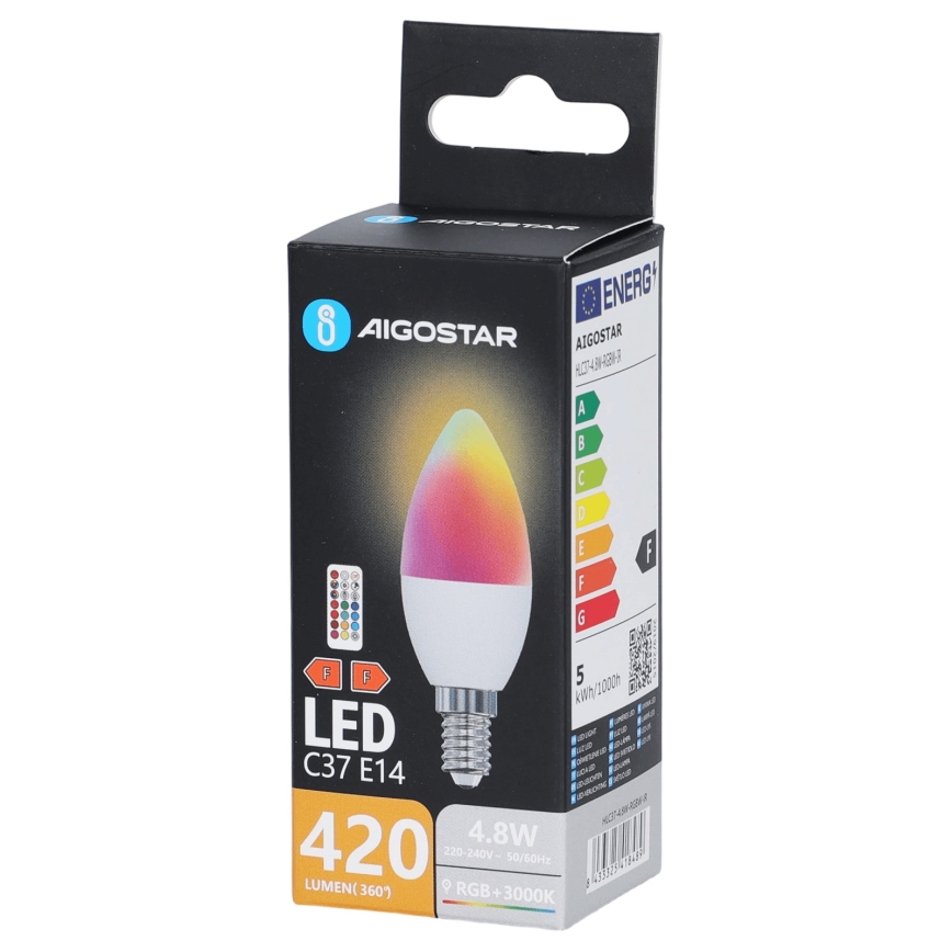 LED RGBW žiarovka C37 E14/4,8W/230V 3000K + diaľkové ovládanie - Aigostar