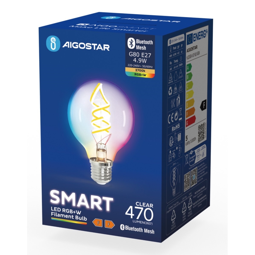 LED RGBW Stmievateľná žiarovka FILAMENT MESH Smart G80 E27/4,9W/230V 2700K - Aigostar
