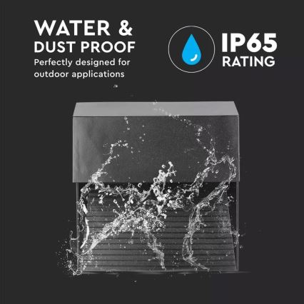 Škatuľa odoláva vode. Voda strieka na tmavosivú škatuľu s lamelami. Text: WATER & DUST PROOF. Perfectly designed for outdoor applications. IP65 RATING.