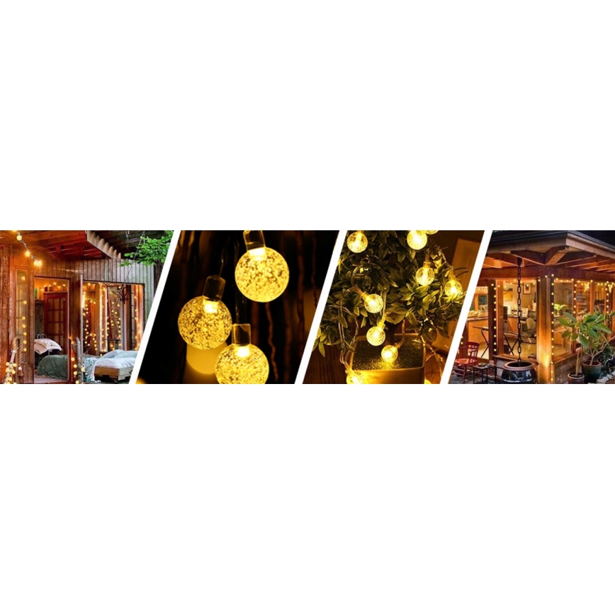 LED solárna dekoračná svetelná reťaz 50× LED / 8 režimov, 500 mAh, 9,5 m, IP67, teplá biela