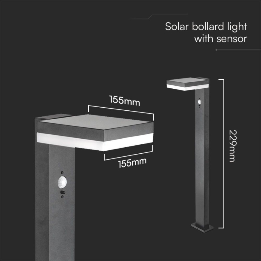 LED Solárna lampa so senzorom LED/2W/3,7V IP54 3000K 2200 mAh hranatý čierna