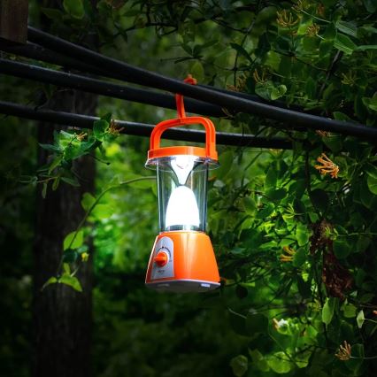 Oranžová prenosná lampa svieti. Je zavesená na elektrických kábloch v lesnom prostredí medzi zelenými listami.