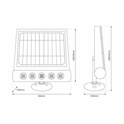 Solárny panel s integrovanými LED svetlami je zobrazený v dvoch pohľadoch s rozmermi: 214mm x 75.9mm x 267.9mm. Panel je umiestnený na kruhovom stojane.