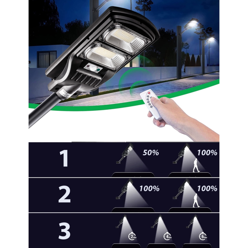 LED Stmievateľná solárna pouličná lampa so senzorom LED/120W/6V 6500K IP65 čierna + diaľkové ovládanie