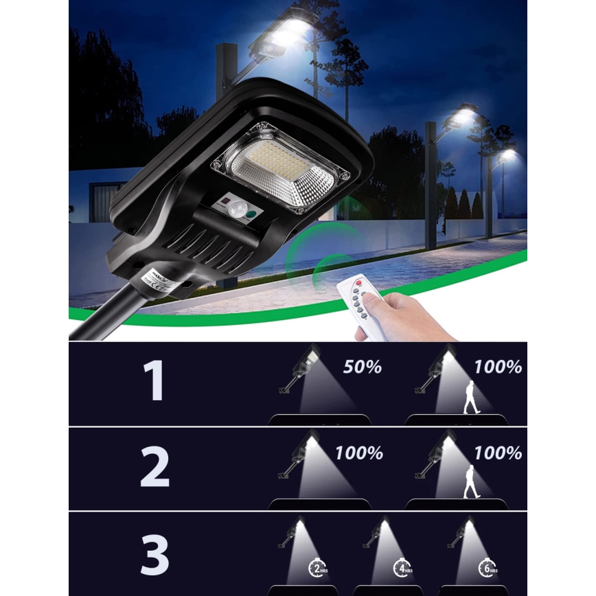 LED Stmievateľná solárna pouličná lampa so senzorom LED/150W/6V 6500K IP65 čierna + diaľkové ovládanie