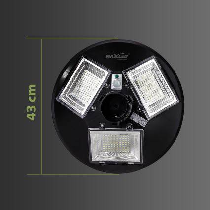 Solárny LED panel s priemerom 43 cm s tromi LED modulmi a zabudovaným senzorom pohybu, umiestnený na tmavom pozadí. Na panely je logo MAXLED.