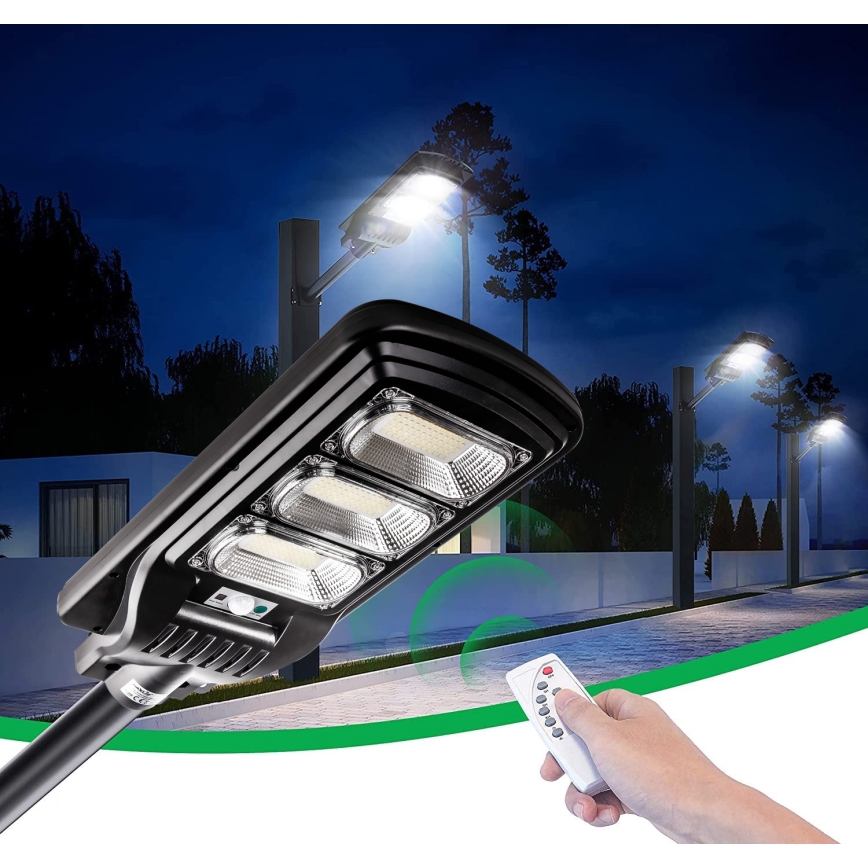 LED Stmievateľná solárna pouličná lampa so senzorom LED/180W/6V 6500K IP65 čierna + diaľkové ovládanie