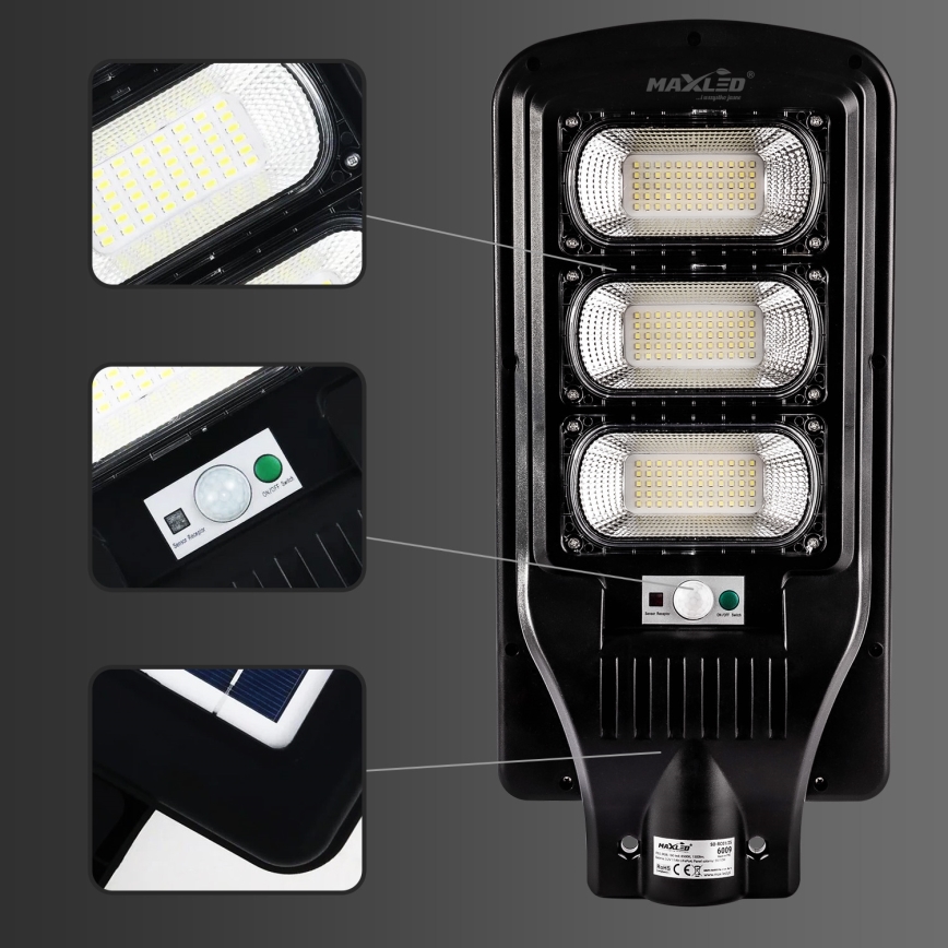 LED Stmievateľná solárna pouličná lampa so senzorom LED/180W/6V 6500K IP65 čierna + diaľkové ovládanie