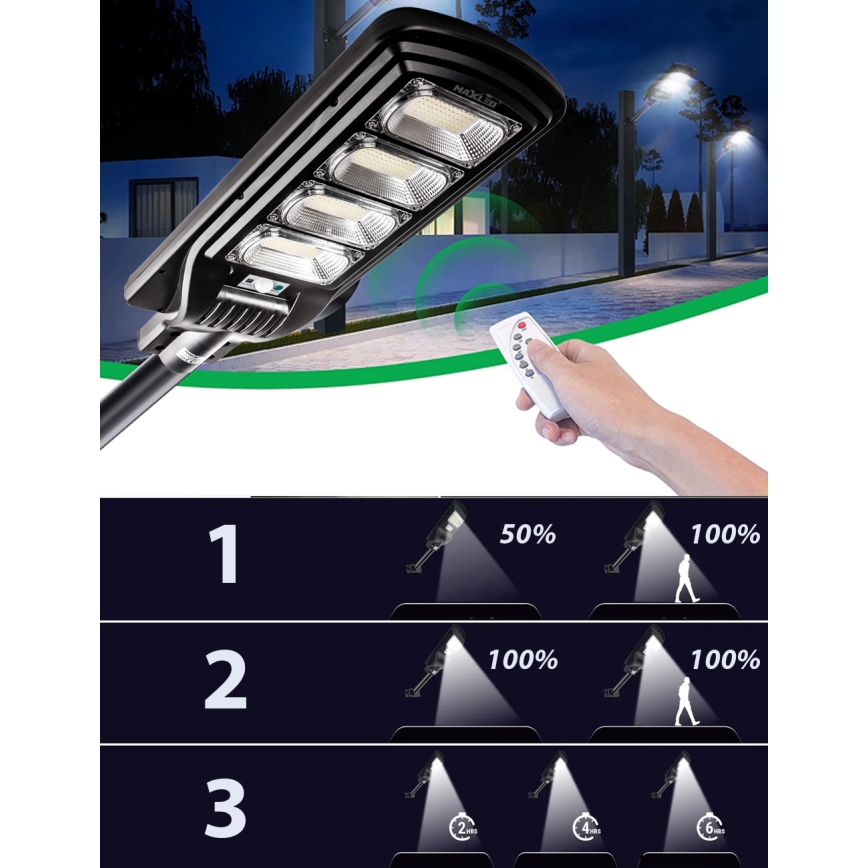 LED Stmievateľná solárna pouličná lampa so senzorom LED/240W/6V 6500K IP65 čierna + diaľkové ovládanie