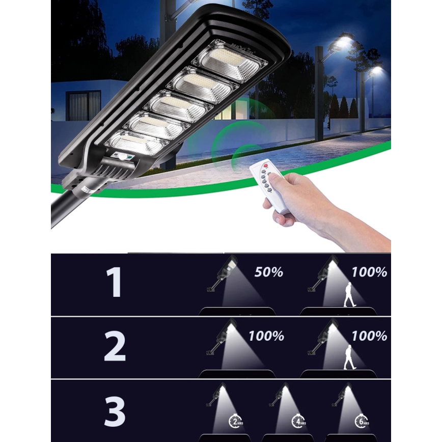 LED Stmievateľná solárna pouličná lampa so senzorom LED/300W/6V 6500K IP65 čierna + diaľkové ovládanie