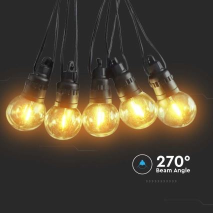 Svetlá s guľatými žiarovkami svietia. Sú zavesené na čiernych kábloch pred tmavým pozadím. Uvedený je text: 270° Beam Angle.