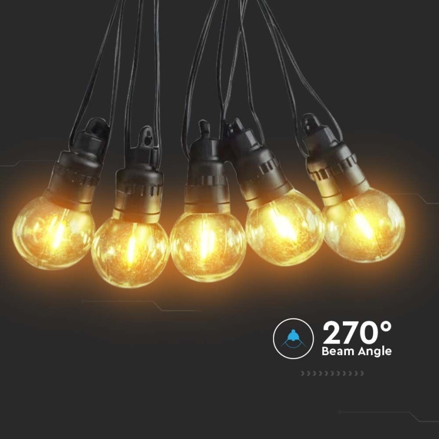 Svetlá s guľatými žiarovkami svietia. Sú zavesené na čiernych kábloch pred tmavým pozadím. Uvedený je text: 270° Beam Angle.
