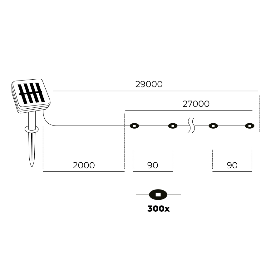 LED - Solárna reťaz 300xLED/0,12W/1,2V 1xAA 27 m IP44 3000K