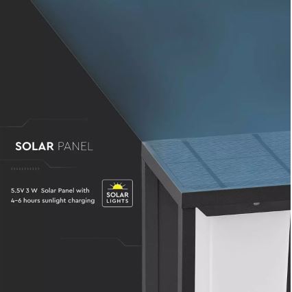 Solárny panel s rozmermi 5,5V 3W nabíja sa 4-6 hodinami slnečného svetla, je súčasťou vonkajšieho svietidla.