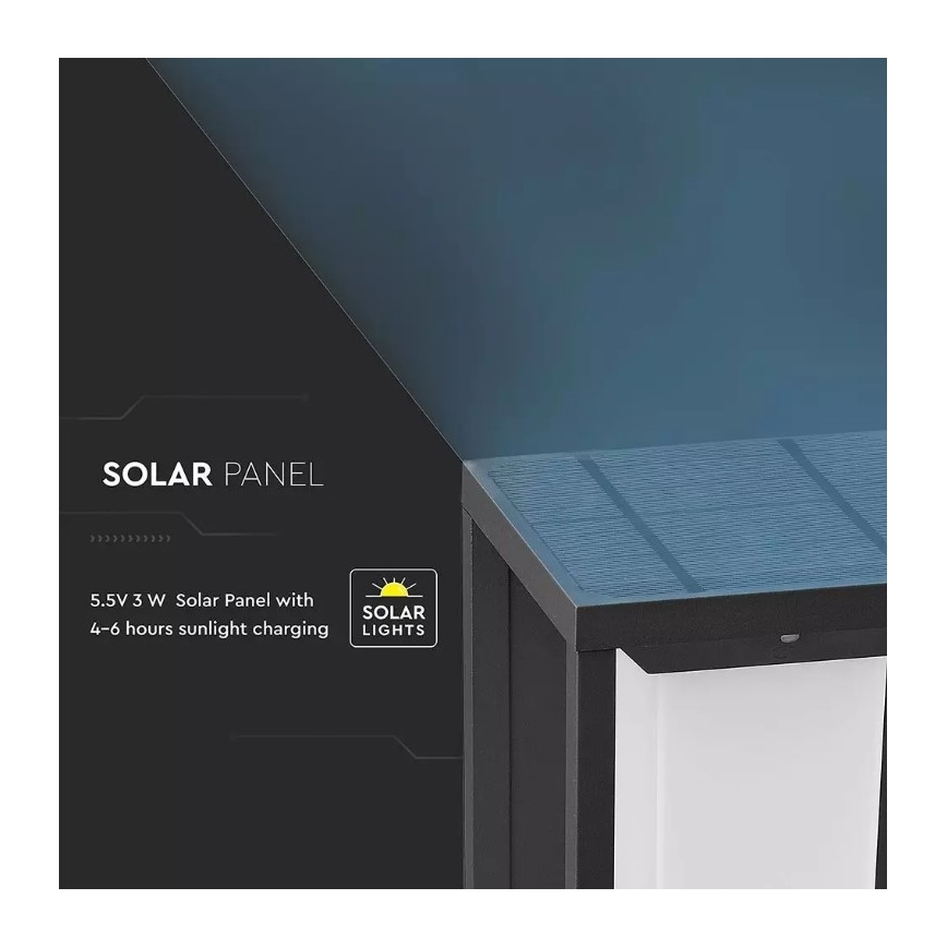 Solárny panel s rozmermi 5,5V 3W nabíja sa 4-6 hodinami slnečného svetla, je súčasťou vonkajšieho svietidla.