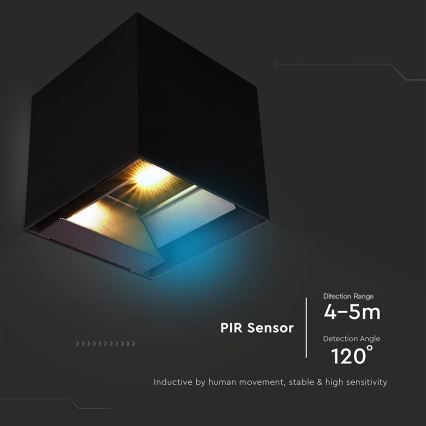 Čierna kubická vonkajšia lampa s PIR senzorom svieti. Senzor má dosah 4-5 metrov a uhol detekcie 120°. Lampa je indukovaná pohybom ľudí, stabilná a citlivá.