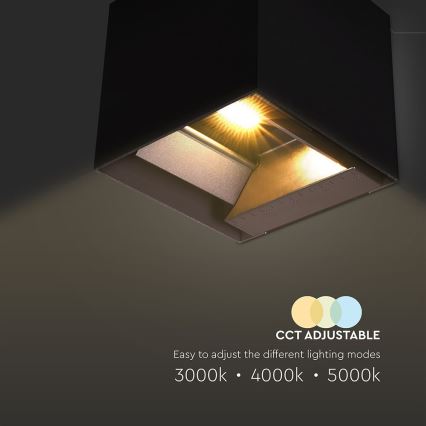 Kubické svietidlo svieti. Je pripevnené k stropu. Text pod ním uvádza: „CCT ADJUSTABLE“, „Easy to adjust the different lighting modes“, „3000k • 4000k • 5000k“.
