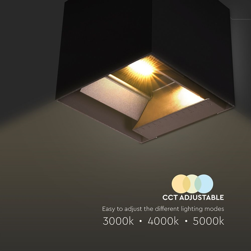 Kubické svietidlo svieti. Je pripevnené k stropu. Text pod ním uvádza: „CCT ADJUSTABLE“, „Easy to adjust the different lighting modes“, „3000k • 4000k • 5000k“.