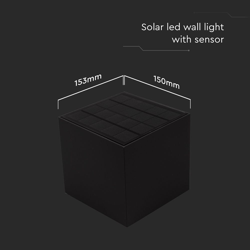 Kubické solárne LED nástenné svetlo so senzorom je zobrazené na tmavom pozadí. Svetlo má rozmery 153 x 150 mm.