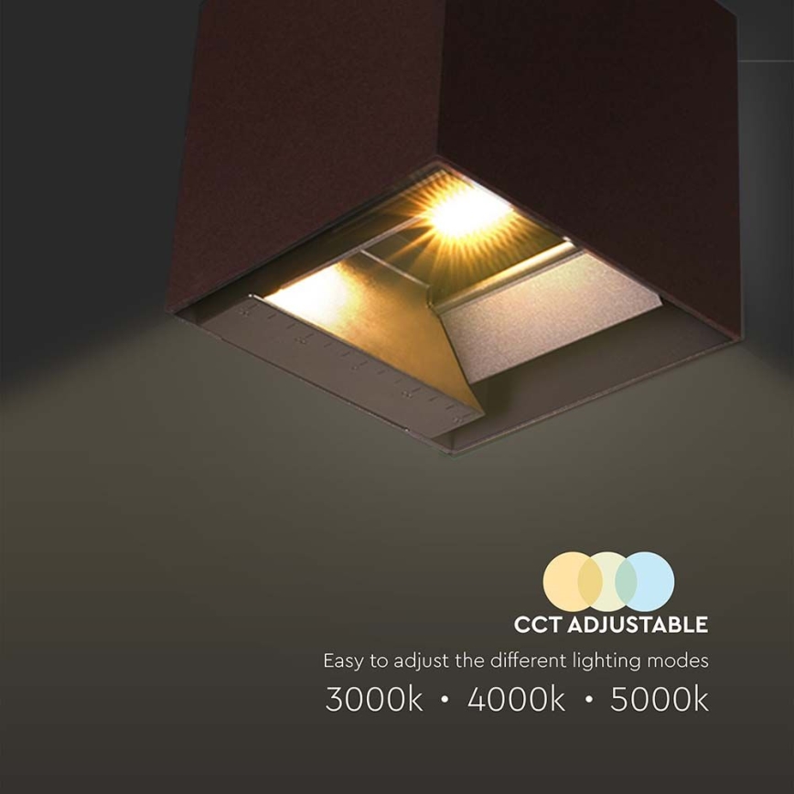 Hranolové svietidlo svieti smerom nadol. Svetlo je nastaviteľné. Na obrázku je text: CCT ADJUSTABLE, Easy to adjust the different lighting modes, 3000k • 4000k • 5000k.