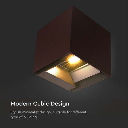 Kubické svietidlo svieti. Je tmavohnedé, s kovovými detailmi a zabudovaným svetlom. Text pod obrázkom: Modern Cubic Design. Stylish minimalist design, suitable for different type of building.