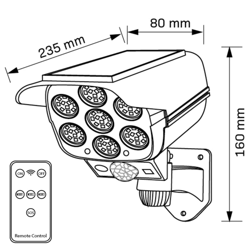 LED Solárna maketa bezpečnostnej kamery so senzorom KAMERA LED/1W/3,7V 1200 mAh IP44 + diaľkové ovládanie