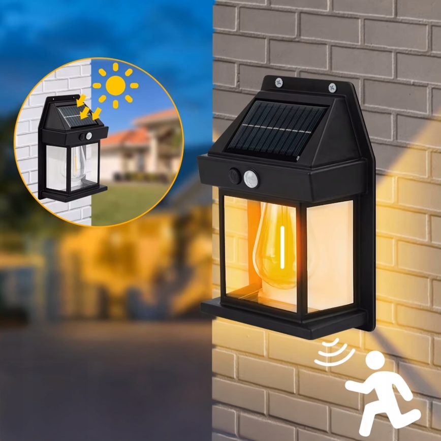 LED solárne nástenné svietidlo so senzorom LED/3,7V 600 mAh IP44 čierne